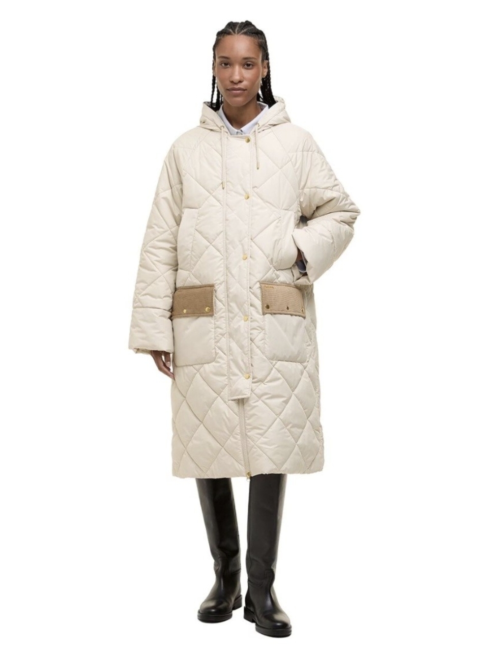 Barbour Cookston Quilted Longline Hooded Coat Jacket Natural Corduroy
